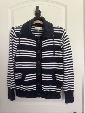 Jones New York Navy and White Striped Button-Up Cardigan